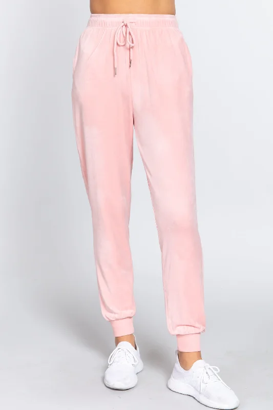Waist Elastic Velour Long Jogger Pants Soft Stretch Leggings