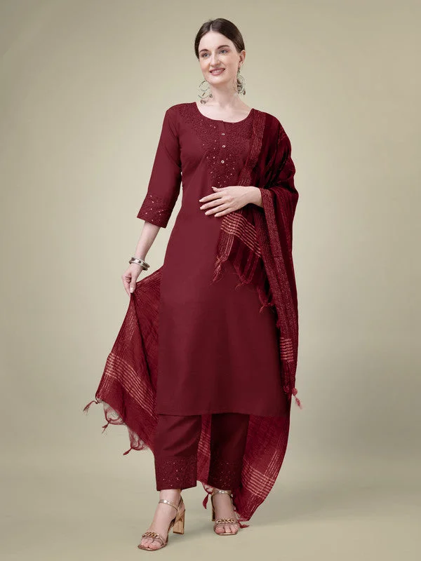 Women's Embroidered Maroon Cotton Blend Kurta Pant Dupatta Set - Malishka Export Wide-Legged Palazzos