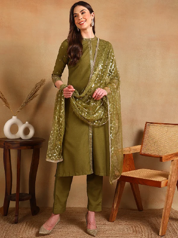 Women's Olive Silk Blend Embroidered Straight Kurta Pant Set With Dupatta - Ahika Casual Lounge Pants