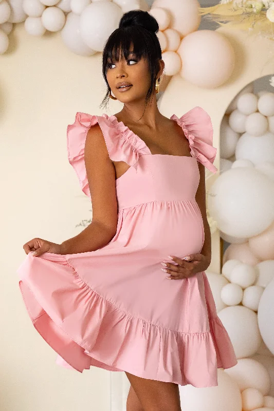 Dolly Daze | Pink Maternity Ruffle Sleeve Babydoll Mini Dress Chic Sleeveless Mini Dress