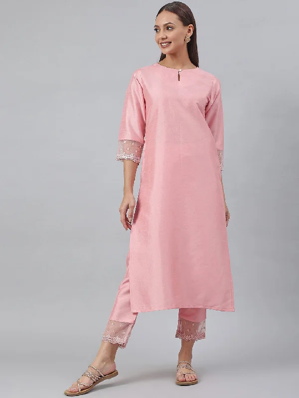 Women's Pink Poly Silk Solid Kurta With Pant - Janasya Casual Plaid Pants