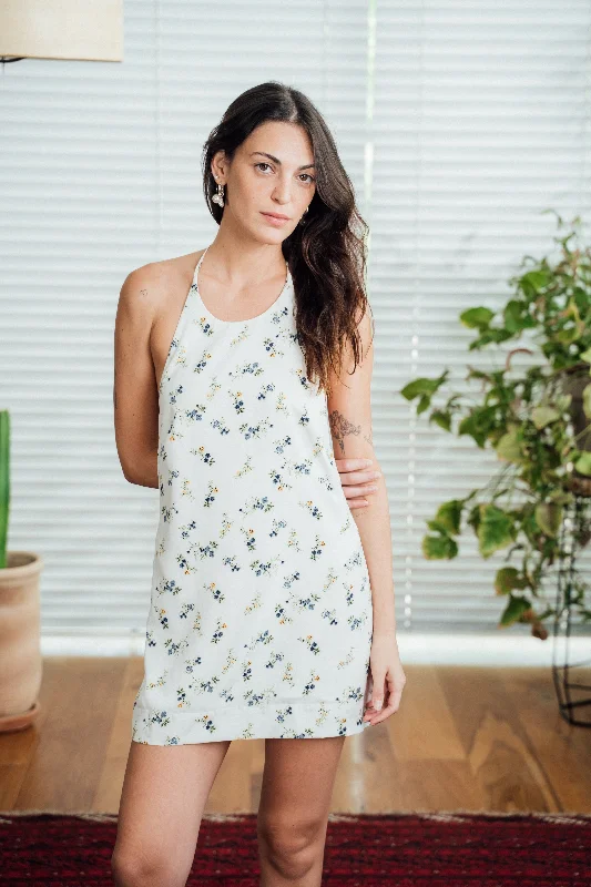 Rosa Mini Dress - White & flowers Elegant Satin Mini Dress