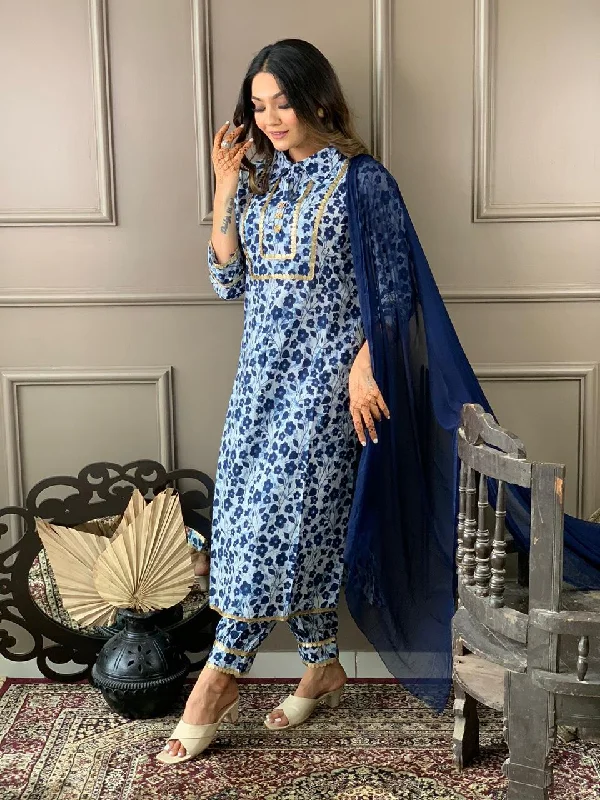 Women's Navy Blue Cotton Straight Kurta Pant Set With Dupatta - N For Nari Cozy Maternity Pants
