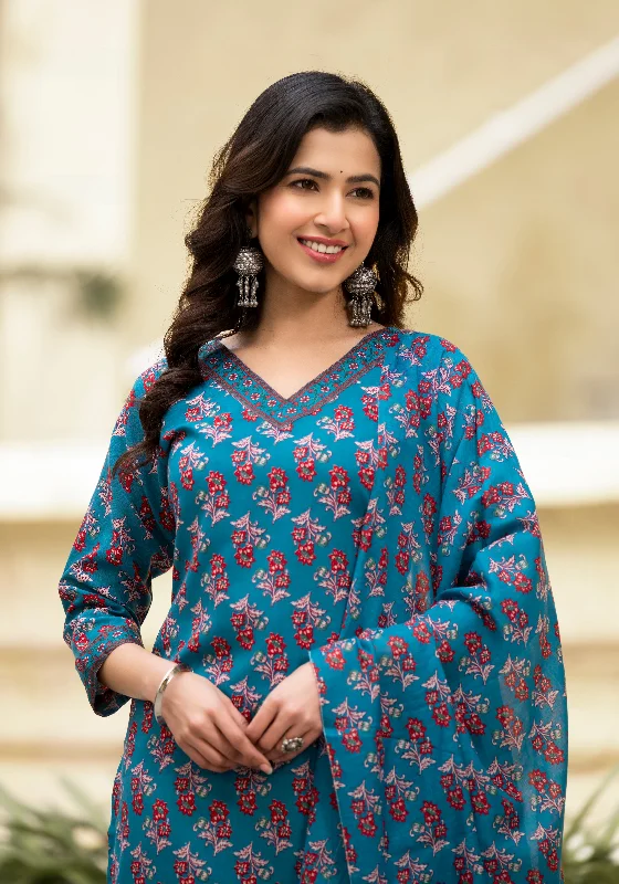 Women's Blue Printed Viscose Rayon Kurta, Pant And Dupatta Set - Alvami Classic Stretch Pants