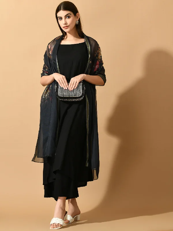 Women's Black Solid Party Kurta Pant & Dupatta - Myshka Stylish Casual Pants