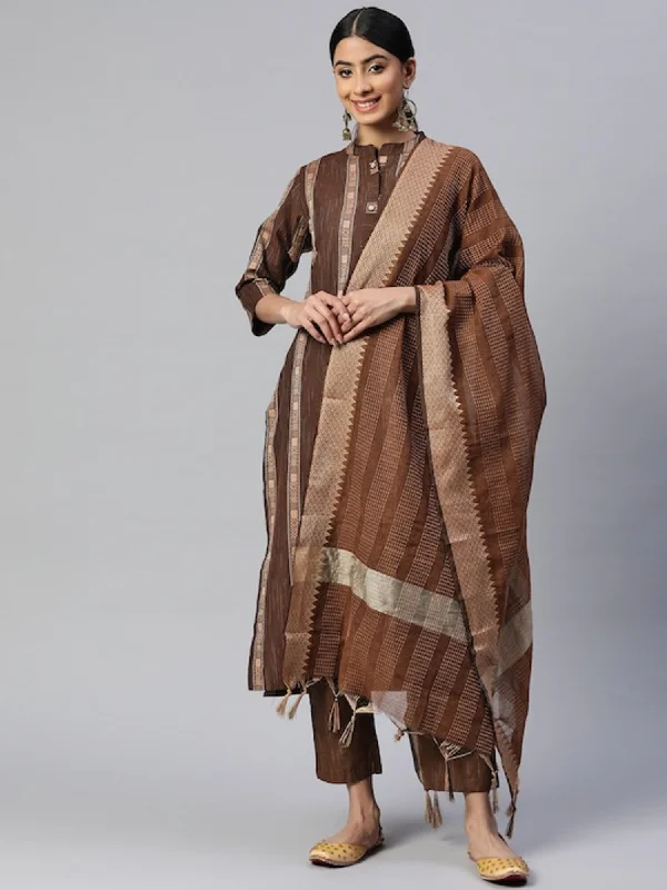 Women's Printed Straight Cotton Blend Brown Stitched Kurta Pant With Dupatta - Vbuyz High-Waist Jogger Pants
