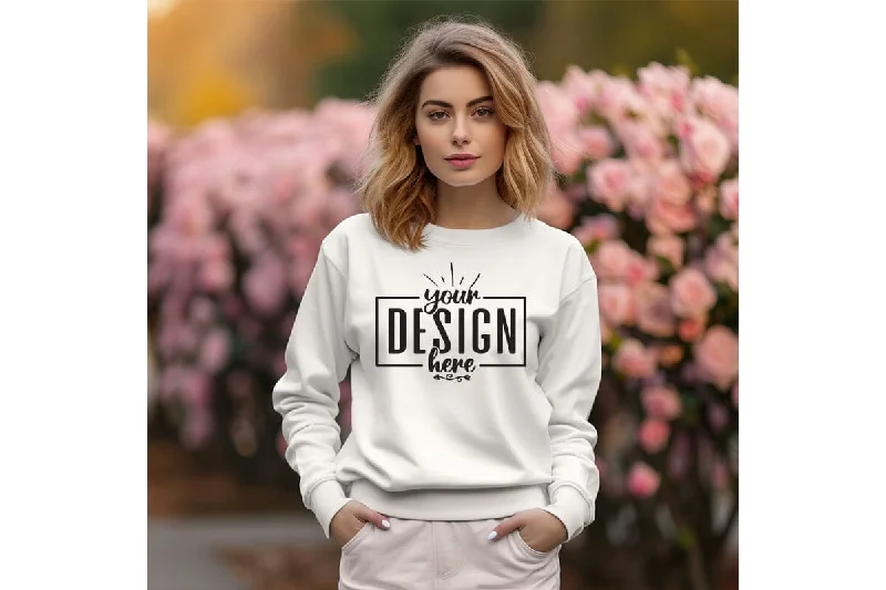 Gildan 18000 Woman White Sweatshirt Mockup Hoodie with Applique Textured Unique