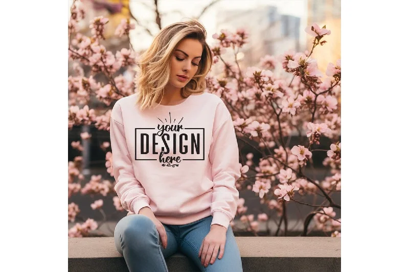 Gildan 18000 Woman Pink Sweatshirt Mockup Hoodie with Illustration Artistic Creative Gildan 18000 Woman Pink Sweatshirt Mockup Hoodie with Illustration Artistic Creative