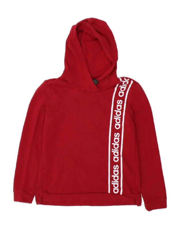 ADIDAS Womens Graphic Hoodie Jumper UK 12/14 Medium Red Cotton Hoodie with Hem Raw Edge Edgy Unfinished