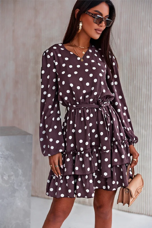 Polka Dot Tie Waist Mini Dress Comfortable Shift Mini Dress