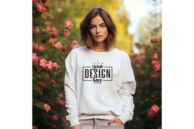 Gildan 18000 Woman White Sweatshirt Mockup Hoodie with Neon Bright Vibrant