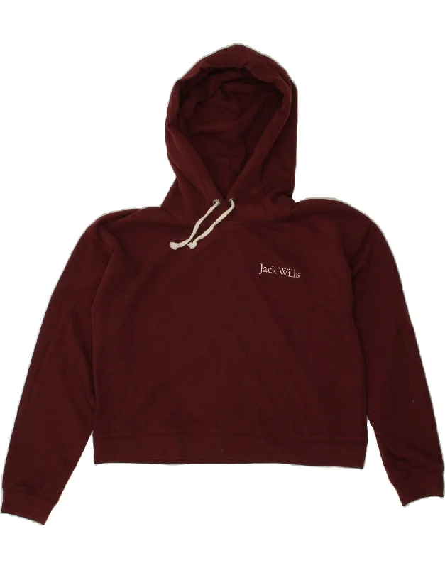 JACK WILLS Womens Crop Hoodie Jumper UK 10 Small Burgundy Cotton Hoodie with Hem Ribbing Snug Secure