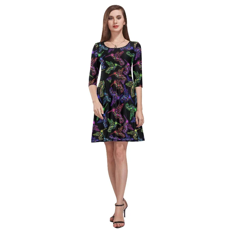 Floral Humming Bird Tethys Half-Sleeve Skater Dress Tunics Chic elegant
