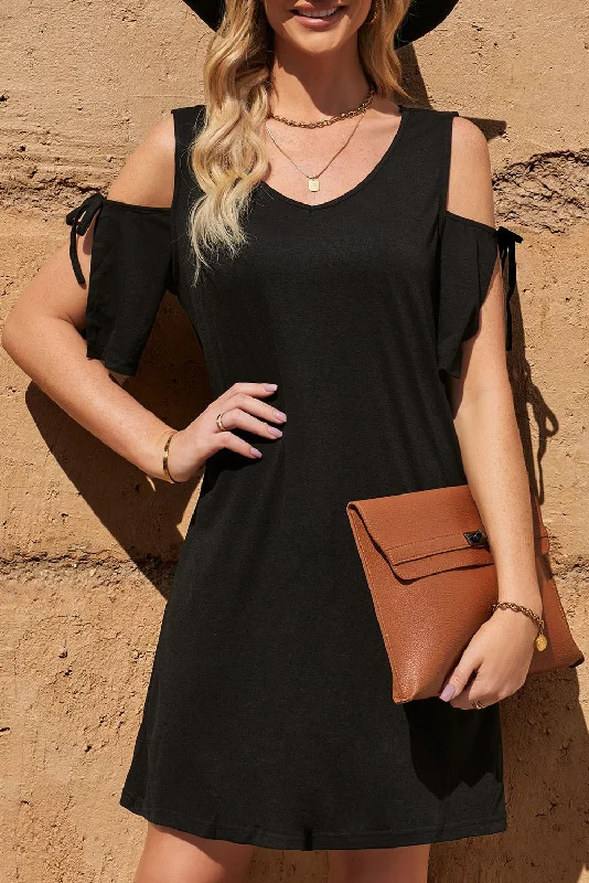 Tied Cold-Shoulder V-Neck Mini Dress Stylish Summer Mini Dress