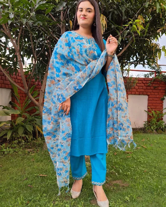 Women's Blue Embroidered Kurta Pant Set With Floral Dupatta - N For Nari Soft Cotton Pants