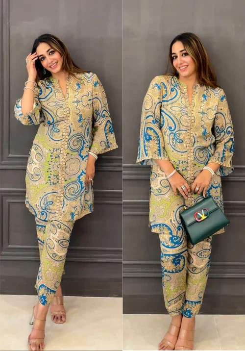 Women's Knee Length 3/4 Sleeves Kurti And Pant Set - Modestouze Attires Lightweight Linen Pants