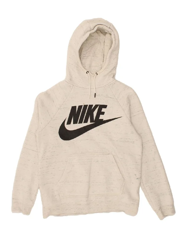 NIKE Womens Oversized Graphic Hoodie Jumper UK 6 XS White Flecked Cotton Hoodie with Velcro Closure Adjustable Secure