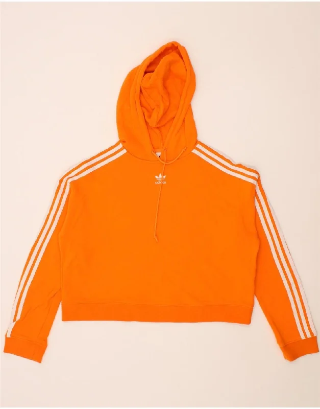 ADIDAS Womens Crop Hoodie Jumper UK 12 Medium Orange Cotton Hoodie with Ribbed Hem Stretchable Secure