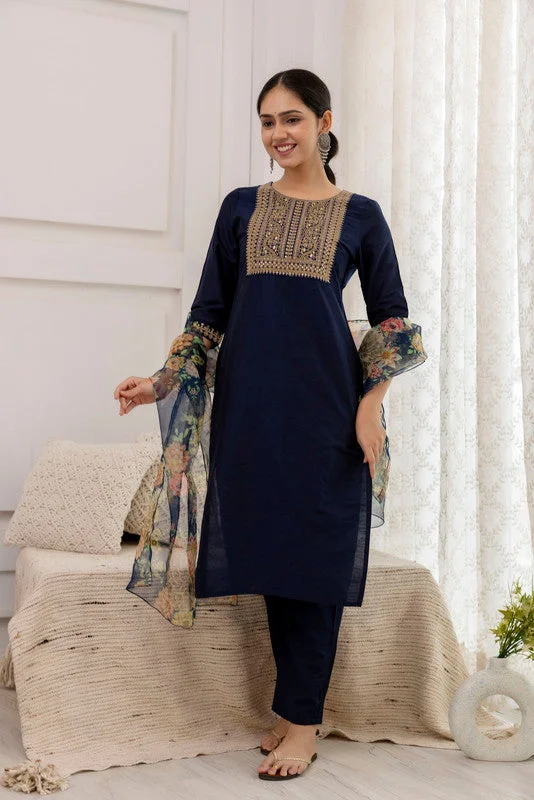 Malishka Women's Blue Cotton Silk Embroidery Kurta Pant Set With Dupatta Fashionable Jogger Pants