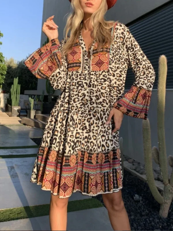 Women Leopard Stitching Flared Sleeve Mini Dress Stylish Plaid Mini Dress