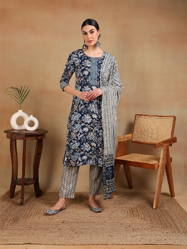 Women's Blue Rayon Blend Printed Straight Kurta Pant Set With Dupatta - Ahika Trendy Velvet Pants
