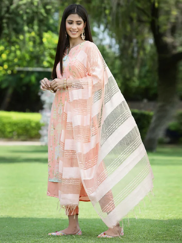 Juniper Orange Ethnic Motif Printed Georgette Kurta Pants & Dupatta Set With Tassels & Lace Modern Bootcut Pants