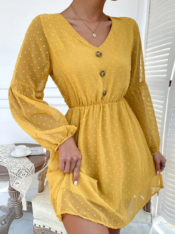 V-Neck Balloon Sleeve Swiss Dot Mini Dress Elegant Silk Mini Dress