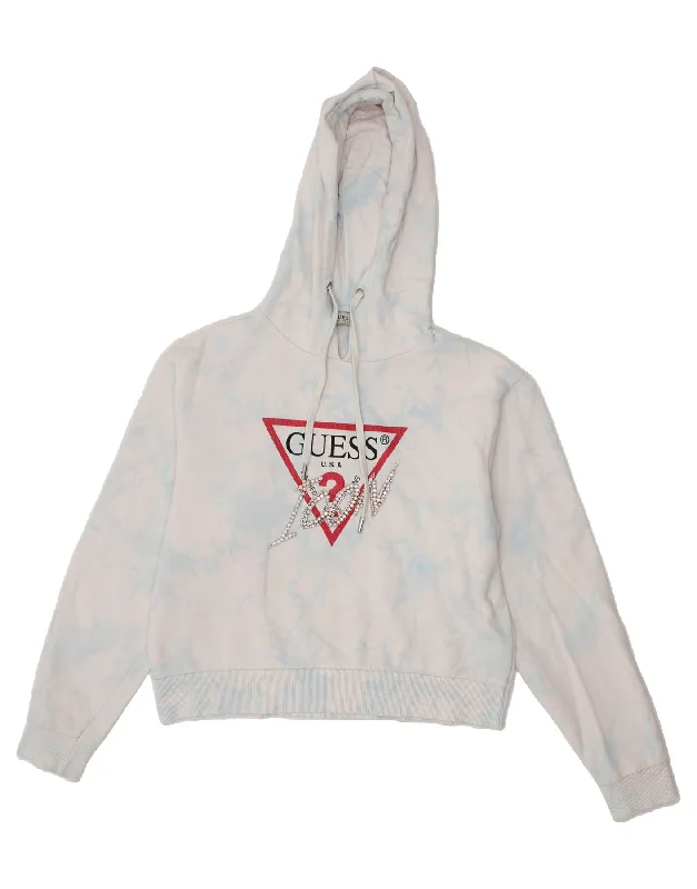 GUESS Womens Crop Graphic Hoodie Jumper UK 14 Medium Blue Tie Dye Cotton Hoodie with Hem Lace Feminine Delicate