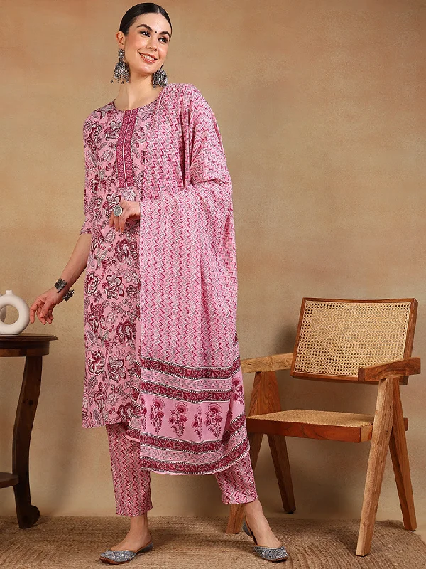 Women's Pink Cotton Blend Printed Straight Kurta Pant Set With Dupatta - Ahika Cozy Jogger Leggings