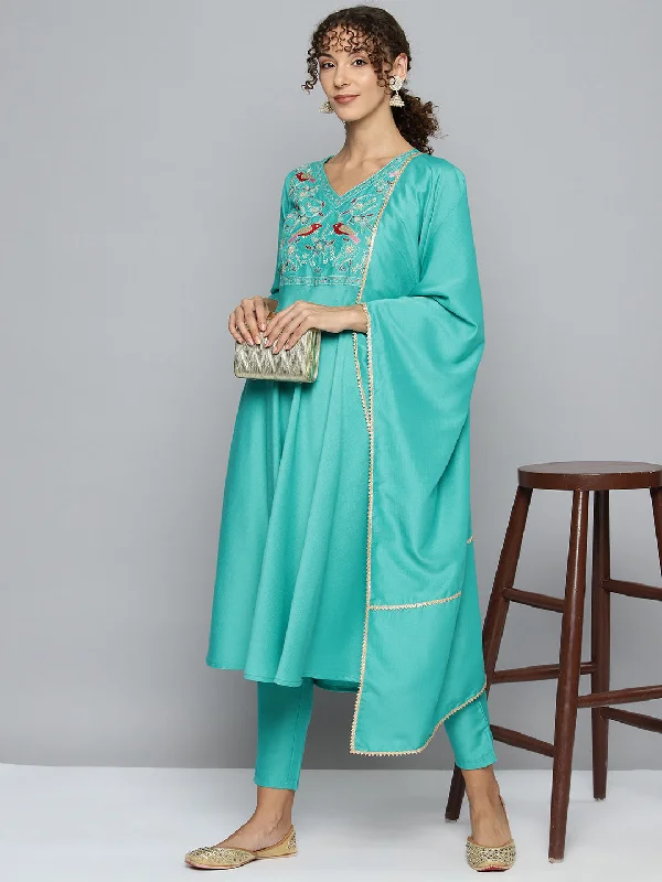 Embroidered Silk Flared Kurta,Pant With Dupatta Set Green - Rasiya Chic Faux Leather Pants