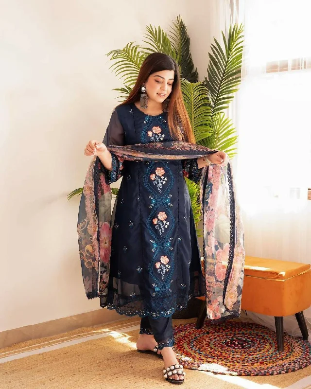 Preksha Creation Pure Organza Fabric With Embroidery Work Women Gown With Dupatta And Pant - Blue Fashionable Sporty Pants