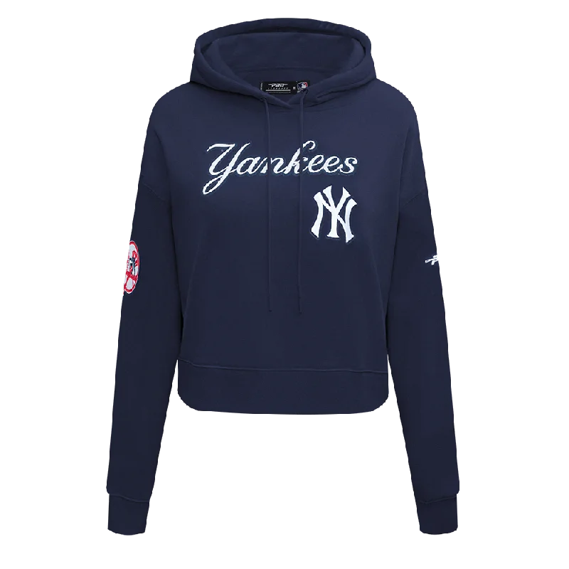 MLB NEW YORK YANKEES GAME DAY CLASSICS WOMEN'S DK CROPPED PO HOODIE (MIDNIGHT NAVY) Hoodie with Rhinestones Sparkly Elegant
