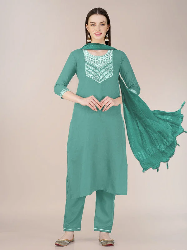 Malishka Women's Embroidered Teal Cotton Blend Kurta Pant Set High-Waist Yoga Pants