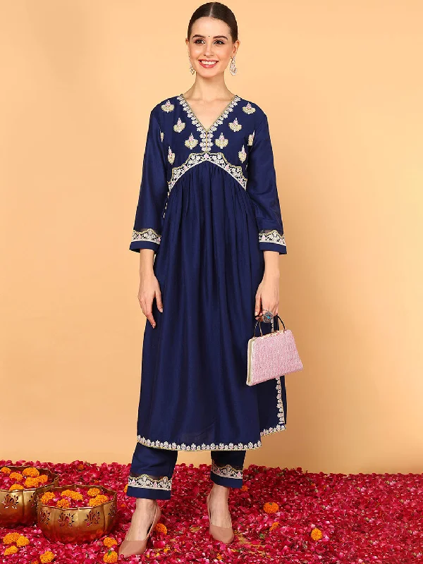 Women's Navy Blue Silk Blend Embroidered A-Line Kurta Pant Set - Ahika Warm Wool Trousers