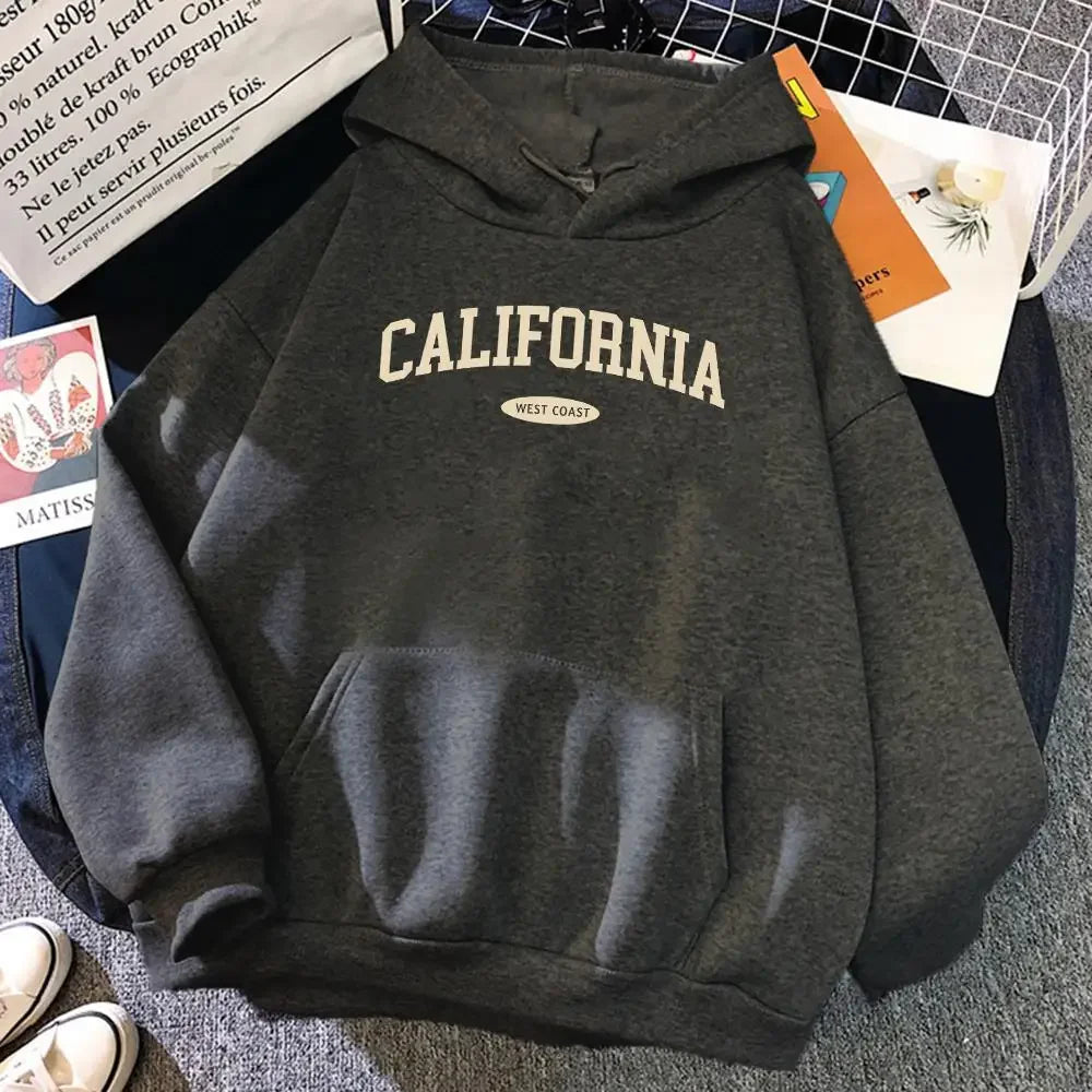California West Coast Design Womens Hoody Hip Hop All-Match Streetwear Pocket Crewneck Clothes Fleece Comfortable Female Hoodie Hoodie with Monochrome Minimalist Simple
