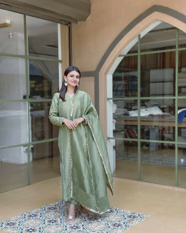 Preksha Creation Women Designer Wear Trending Roman Silk Top With Lace Work With Pant With Dupatta - Light Green Stylish Elastic Waist Pants