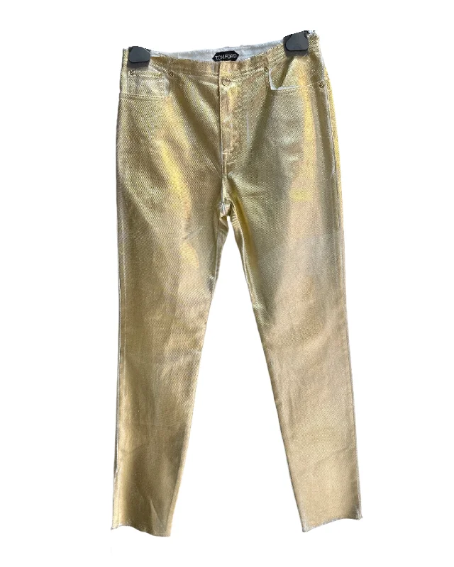 Tom Ford Womens Coated Denim Pants In Gold High-Waist Trousers