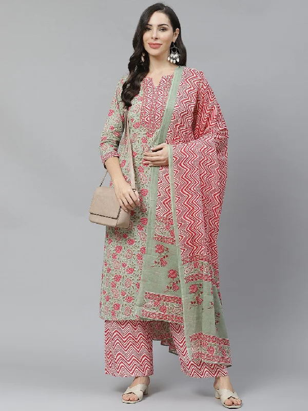 Women's Green Viscose Printed Kurta And Pant Set With Dupatta - Alvami Classic Flared Pants
