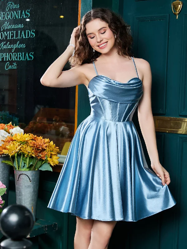 Spaghetti Straps Lace-up Stretch Satin Mini Dress Dusty Blue Trendy A-Line Mini Dress