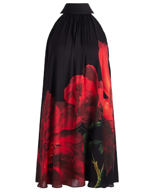 Peony Petals and Bright Ruby Halter Neck Corine Mini Dress Cozy Cotton Mini Dress