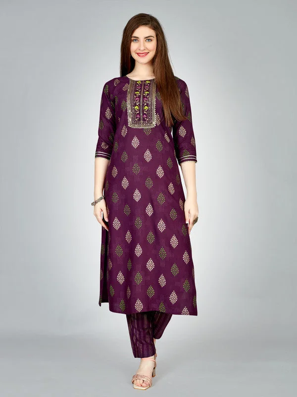 Women's Embroidered Rayon Kurta Pant Set - Malishka Export Trendy Wide-Leg Pants