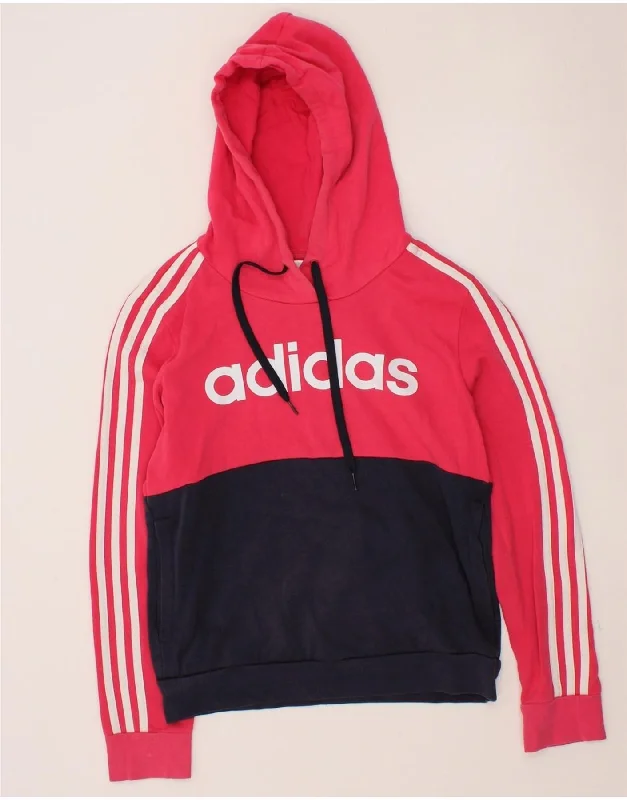 ADIDAS Womens Graphic Hoodie Jumper UK 8/10 Small Pink Colourblock Cotton Hoodie with Mock Neck Collared Structured
