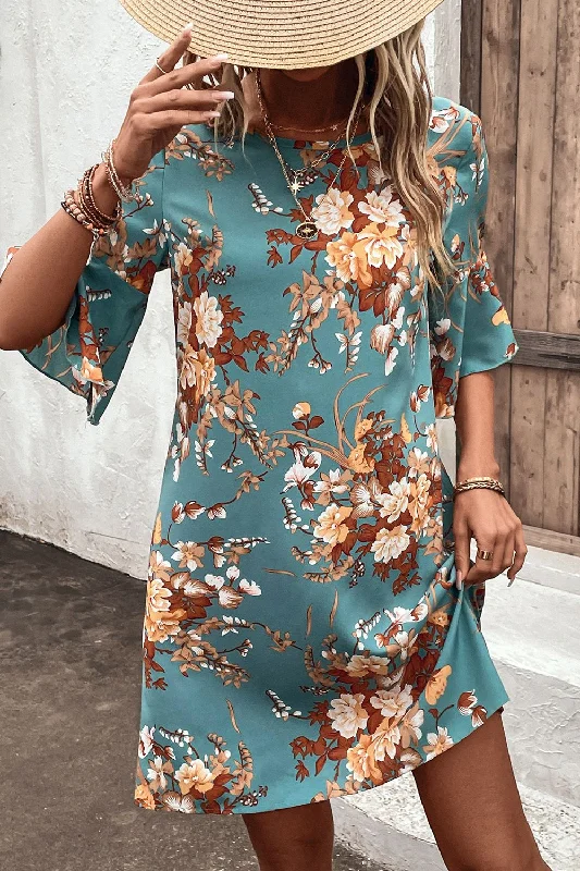 Floral Print Round Neck Flounce Sleeve Mini Dress Chic Halter Mini Dress