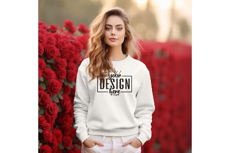 Gildan 18000 Woman White Sweatshirt Mockup Hoodie with Tie-Dye Psychedelic Retro