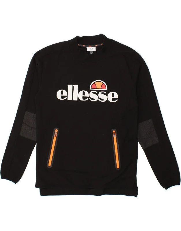 ELLESSE Womens Oversized Graphic Sweatshirt Jumper UK 10 Small Black Hoodie with Lace Feminine Delicate