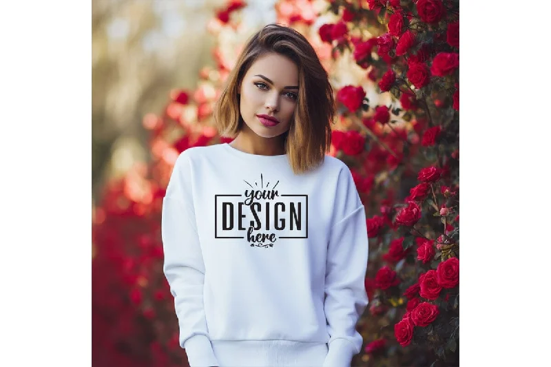 Gildan 18000 Woman White Sweatshirt Mockup Hoodie with Contrast Stitching Detailed Premium Gildan 18000 Woman White Sweatshirt Mockup Hoodie with Contrast Stitching Detailed Premium
