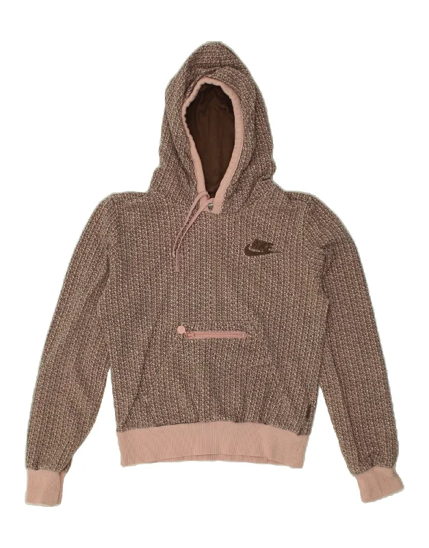 NIKE Womens Oversized Graphic Crop Hoodie Jumper UK 6/8 XS Beige Hoodie with Embroidery Detailed Premium
