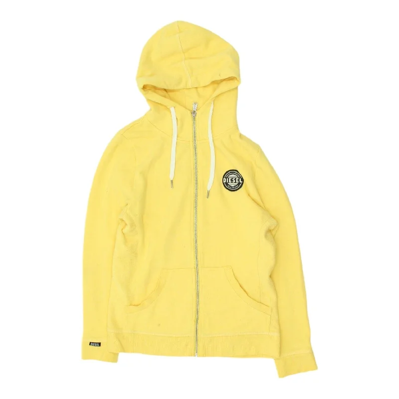 Diesel Womens Yellow Full Zip Hoodie | Vintage Casual Sportswear Hoody VTG Hoodie with Raw Hem Edgy Unfinished