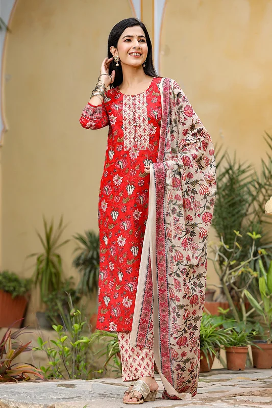 Women's Cotton Blend Printed Kurta Pant Dupatta Set - Ahika Cozy Full-Length Pants