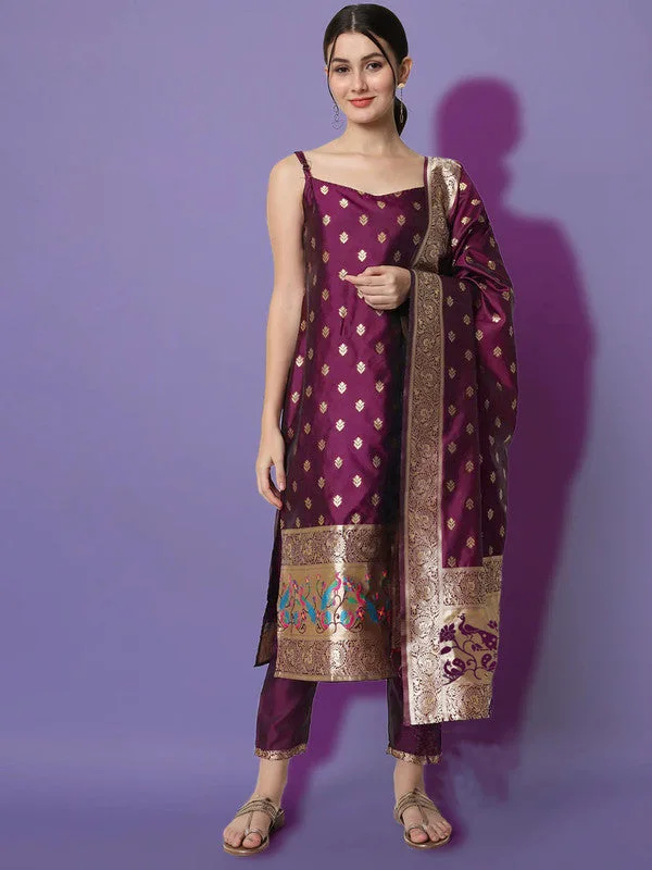 Malishka Women's Silk Jacquard Floral Purple Kurta Pant Set With Dupatta Formal Stretch Pants